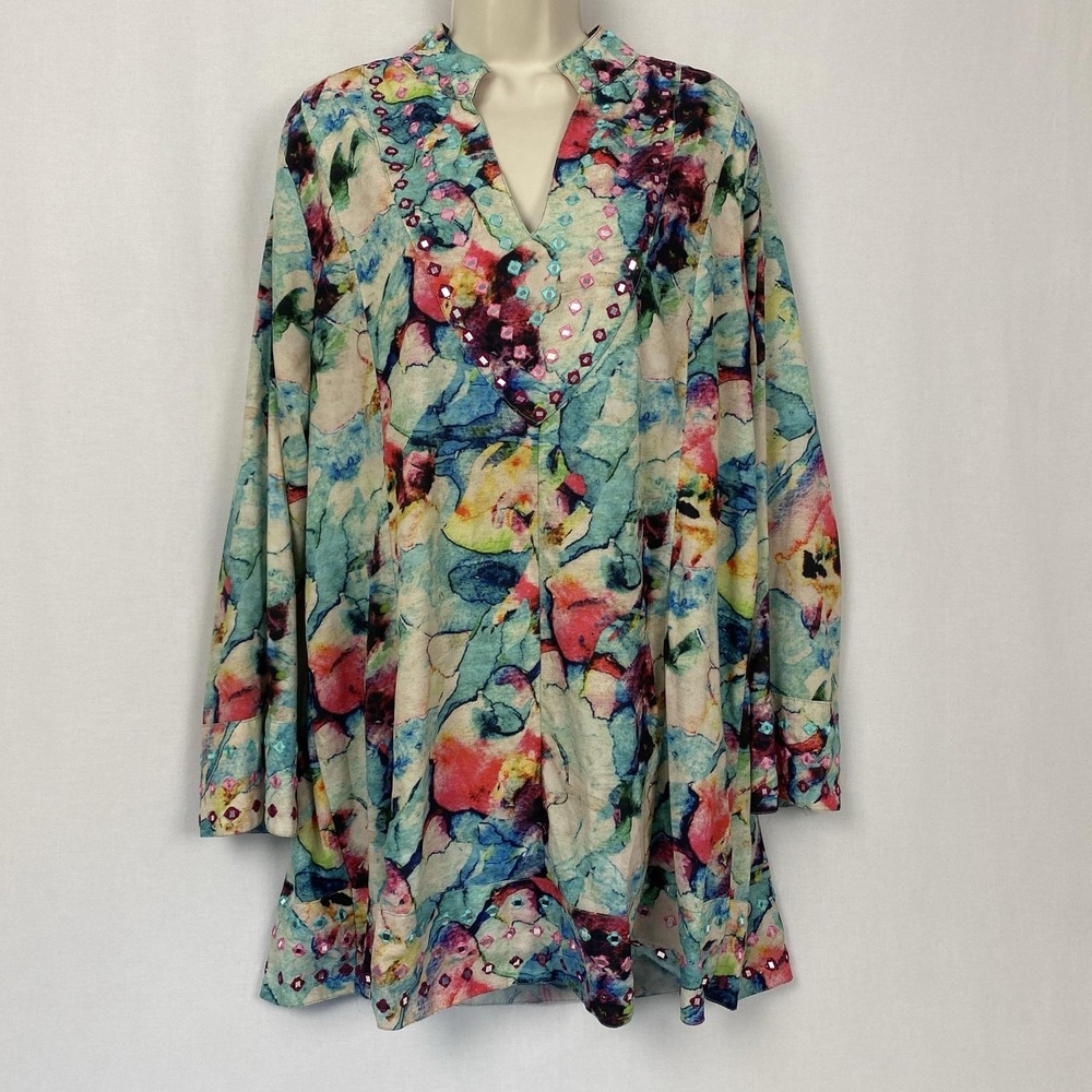 Soft Surroundings Tunic Top XL Colorful Watercolor Print Embellished Art Teacher